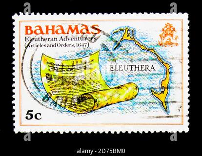 MOSCA, RUSSIA - 25 NOVEMBRE 2017: Un francobollo stampato in Bahamas mostra definizioni, serie, circa 1980 Foto Stock
