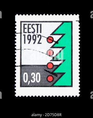 MOSCA, RUSSIA - 2 GENNAIO 2018: Un francobollo stampato in mostra albero di Natale con giocattoli, serie, circa 1992 Foto Stock