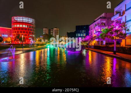 Illuminazione all'Essen Light Festival, Neue Mitte Essen, edificio editoriale Funke, installazione di luci, Essen, NRW, Germania, Foto Stock