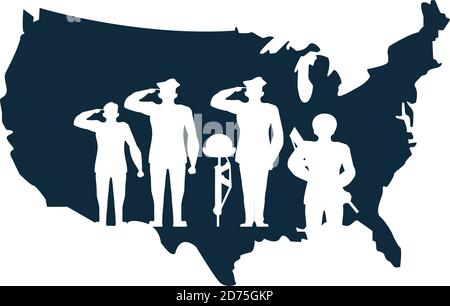 gruppo di ufficiali soldati saludare silhouette in usa mappa vettore disegno dell'illustrazione Illustrazione Vettoriale