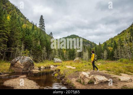 Viaggio escursione foresta natura escursionista donna camminare in boschi canadesi in autunno stagione, da Beaver diga nel Parco Nazionale del Quebec Parc de la Jacques Foto Stock