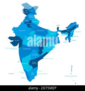 Mappa politica blu dell'India. Divisioni amministrative - stati e territori sindacali. Semplice mappa vettoriale piatta con etichette. Illustrazione Vettoriale