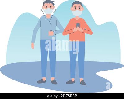 i giovani che indossano maschere per il viso ascoltano musica e utilizzano lo smartphone disegno di illustrazione vettoriale Illustrazione Vettoriale
