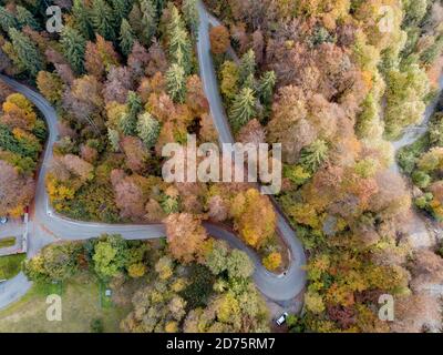 Curva sulla strada di montagna in autunno Foto Stock