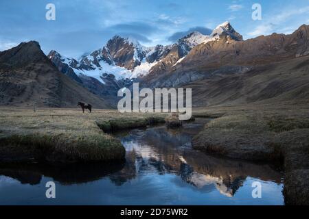 Montagne riflesse sulle acque della laguna di Mitucocha in Huayhuash Foto Stock