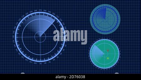 Scanner radar ricerca velivolo nemico e nave. visualizzazione 3d della scansione radar su risoluzione 4k. Foto Stock