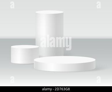 Scena podio cilindro, piedistallo vincitore. Modello a cilindro bianco per la scena del podio dello showroom. Piedistallo Vector bianco per la presentazione del prodotto Illustrazione Vettoriale