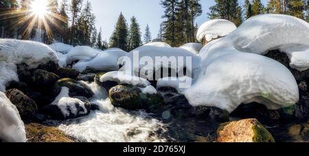 Cascata sul fiume in inverno tra nevicate in un foresta di montagna Foto Stock