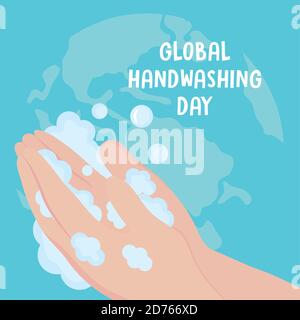 giornata globale di lavaggio delle mani, mappa e persona che lavano le mani illustrazione vettoriale Illustrazione Vettoriale