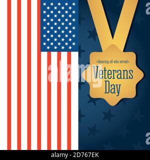 buon giorno dei veterani, medaglia d'oro sull'illustrazione del vettore della carta della bandiera americana Illustrazione Vettoriale