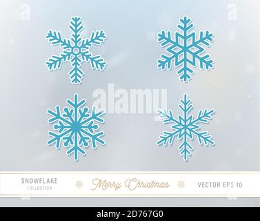 Set di icone bianche e blu con fiocco di neve di 4 disegni sfondo blu chiaro delle nevicate Illustrazione Vettoriale
