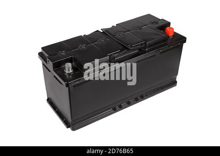 Batteria per auto di colore nero isolato su sfondo bianco. Vista laterale. Foto Stock
