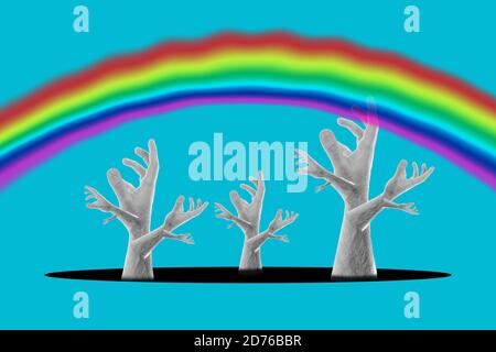 Collage di arte moderna mani in forma di alberi, una foresta di mani, su cui è visibile un arcobaleno. Sfondo blu. Foto Stock