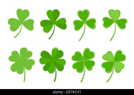 Set di illustrazioni vettoriali con disegno piatto a foglia di trifoglio verde. Illustrazione Vettoriale