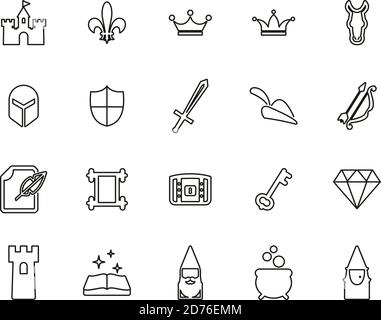 Fantasy o icone da fiaba Set sottile in bianco e nero grande Illustrazione Vettoriale