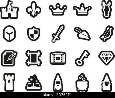 Fantasy o icone da fiaba Bianco su Black Sticker Set Big Illustrazione Vettoriale