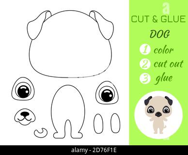 Libro da colorare taglia e colla cane bambino. Gioco educativo di carta per bambini prescolare. Foglio di lavoro Taglia e Incolla. Colore, pezzi tagliati e colla su carta.Cartoo Illustrazione Vettoriale