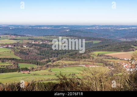 Stauferland, Landschaft, Überblick, Hügel, Ortschaften, Wald, Felder Foto Stock