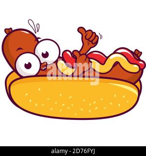Un personaggio di hot dog cartoni animati con senape e ketchup. Panino da fast food con salsiccia. Foto Stock