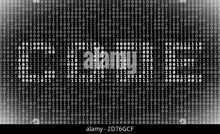 CODICE - scritta in bianco come parte di un binario schermata del codice composta da cifre grigie su sfondo nero Con un bordo sfocato - illustrazione 3D Foto Stock