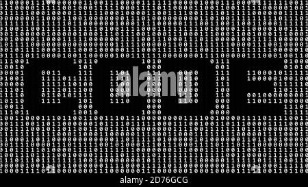 CODICE - la scrittura tagliata fuori come parte di un binario schermata del codice composta da cifre grigie su sfondo nero - illustrazione 3D Foto Stock