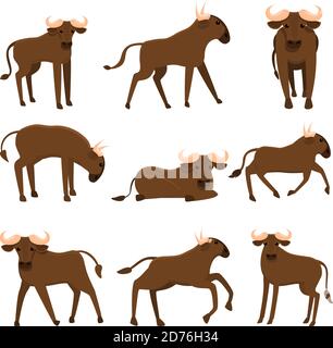Set di icone Wildebeest. Set di cartoni animati di icone vettoriali wildebeest per il web design Illustrazione Vettoriale