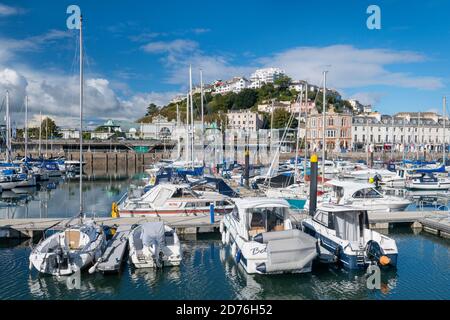 File di imbarcazioni da diporto fiancheggiano gli ormeggi nel porto turistico di Torquay sulla 'Costa Azzurra' nel Sud Devon, Inghilterra. Foto Stock