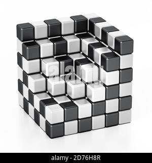Cubo formato con texture a scacchi in bianco e nero. Illustrazione 3D. Foto Stock
