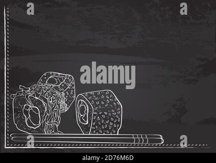 Template vettoriale con sushi e bastoni stilizzati come disegno di gesso su lavagna. Design per un ristorante, un caffè o un bar. Cucina tradizionale giapponese. Illustrazione Vettoriale
