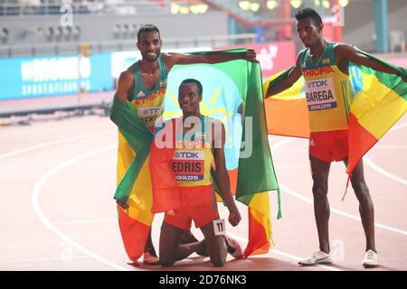 Doha, Qatar. 30 settembre 2019. (Da L a R) Telahun Haile Bekele, Muktar Edris, Selemon Barega (ETH) Atletica : Campionato del mondo IAAF Doha 2019 finale maschile di 5000m allo stadio internazionale Khalifa di Doha, Qatar . Credit: YUTAKA/AFLO SPORT/Alamy Live News Foto Stock