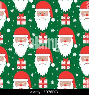 Modello retrò vettoriale di natale senza cuciture con testa santa, regali e fiocchi di neve Illustrazione Vettoriale