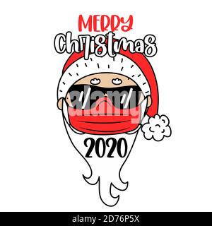 Buon Natale 2020 - Santa illustrazione a strisciare fuori amici e famiglia questa stagione di festa. Coronavirus doodle con testo per auto quarantena tempi Illustrazione Vettoriale