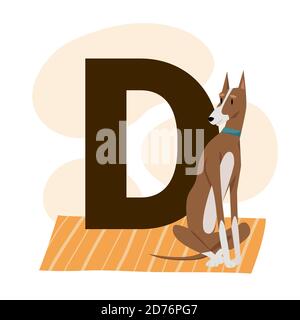 Bambini ABC alfabeto inglese con lettera D e cane carino. Illustrazione Vettoriale
