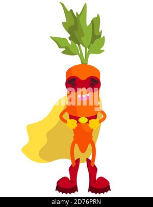 Supereroe vegetale divertente. Carota in stile cartoon. Illustrazione Vettoriale