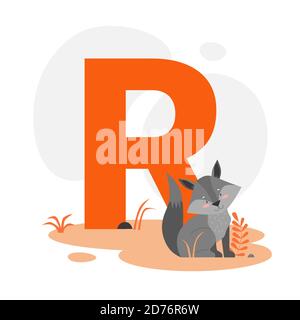 Bambini ABC alfabeto inglese con lettera R e simpatico Raccoon. Illustrazione Vettoriale