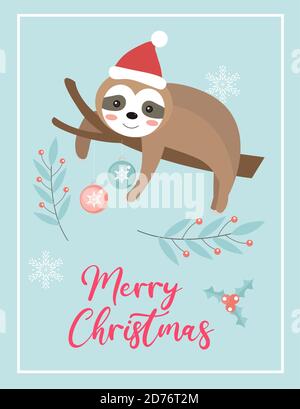 Buon natale carino carta con sloth in cappello di santa. Modello anno nuovo per le vacanze invernali per il tuo design. Illustrazione vettoriale Illustrazione Vettoriale