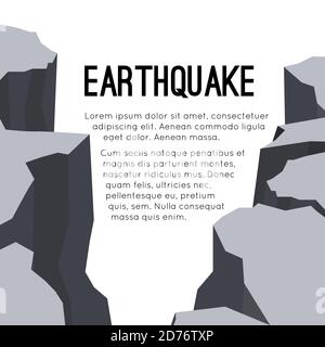 Scheda flat vettoriale con terremoto e spazio per il testo. Spaccature e crepe. Guasti nel terreno. Disastro naturale. Cataclisma moderno. Burrone e rocce. Te Illustrazione Vettoriale