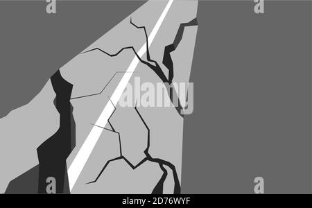 Vettore piatta illustrazione di una strada danneggiata terremoto. Spaccature e crepe. Anomalie sul marciapiede. Disastro naturale in città. Cataclisma moderno. Obj Illustrazione Vettoriale