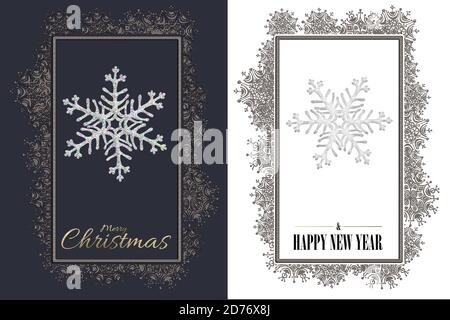 Natale Capodanno con fiocchi di neve. Primo piano fiocchi di neve in argento bordo su sfondo bianco blu. Rendering 3D. Copia spazio, biglietto di invito in design minimalista Foto Stock
