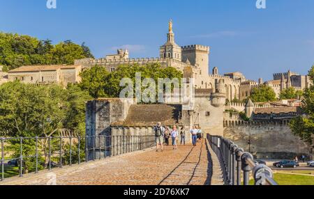 Avignone, Provenza-Alpi-Côte Azzurra, Francia. Palais des Papes e Pont St-Benezet. Palazzo dei Papi e ponte di San Benezet. Fiume Rhône. L'HIS Foto Stock
