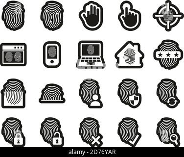 Icone delle impronte digitali Bianco su nero Sticker Set Grande Illustrazione Vettoriale
