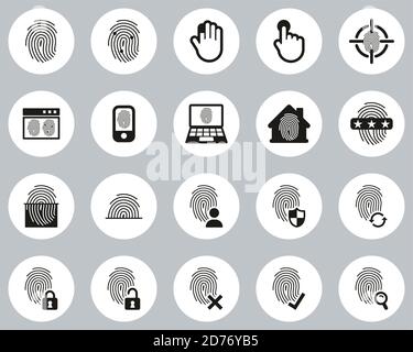 Icone per impronte digitali Bianco e nero Design piatto cerchio Set Grande Illustrazione Vettoriale