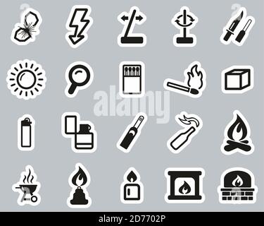 Icone degli strumenti per la produzione di fuoco e fuoco Sticker bianco e nero Imposta grande Illustrazione Vettoriale