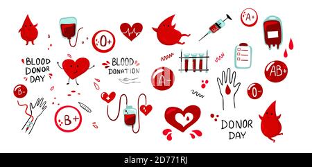 Set di illustrazioni vettoriali per la Giornata Mondiale del donatore di sangue con carino cartone animato sangue gocce carattere con sacco di sangue Illustrazione Vettoriale