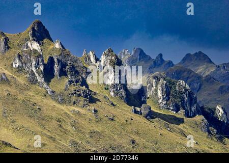 Paesaggio delle colline e delle valli, Parco Nazionale El Cajas, ecosistema delle Prassland, Ramsar Wetland, Highlands, Provincia di Azuay, Ecuador, America Foto Stock