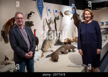 Brema, Germania. 21 Ott 2020. Wiebke Ahrndt (r), direttore del Museo Übersee, e Michael Stiller, capo del dipartimento di storia naturale, sono presenti nella mostra 'Junge Wilde - Tierisch erwachsen werden'. La mostra speciale si può vedere nel Museo Übersee dal 24.10.2020. Credit: Sina Schuldt/dpa - ATTENZIONE: Per uso editoriale solo in relazione alla reportistica in corso sulla mostra/dpa/Alamy Live News Foto Stock