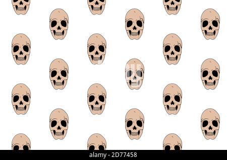 Teschi di cartone animato motivo senza cuciture su sfondo bianco Illustrazione Vettoriale