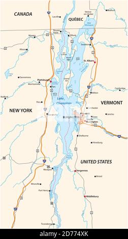 Mappa vettoriale del Lago Champlain Nord America, Stati Uniti, Canada Illustrazione Vettoriale