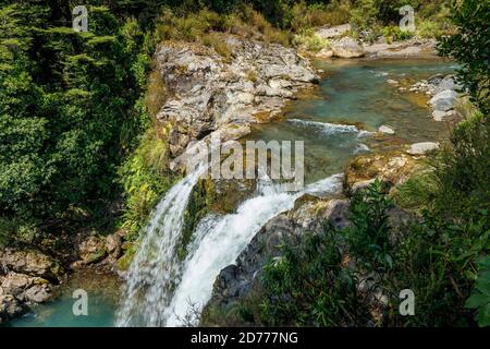 Tawhai Falls, o Gollum's Pool, ora una location famosa per il film Lord of the Rings, nel Parco Nazionale di Tongariro, Isola del Nord, Nuova Zelanda. Foto Stock