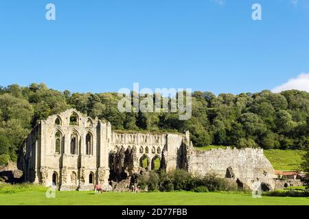 Abbazia di Rievaulx 12 ° secolo rovine del monastero cistercense nel North York Moors National Park. Helmsley, North Yorkshire, Inghilterra, Regno Unito, Gran Bretagna Foto Stock